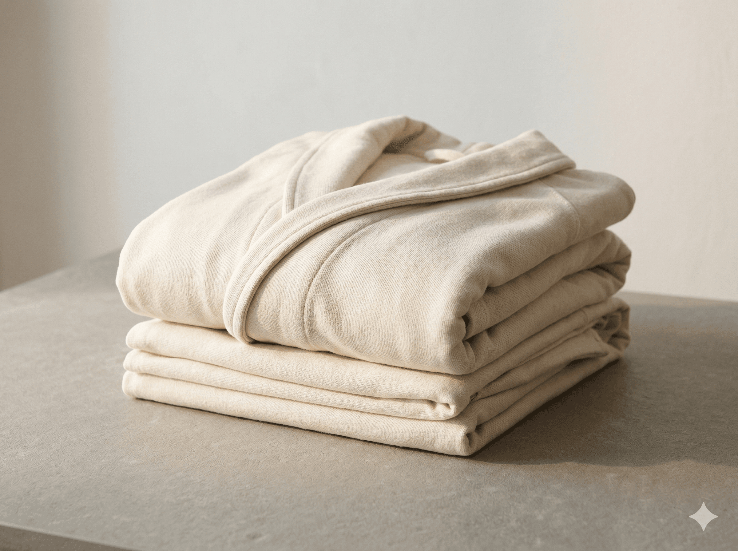 Macro: GOTS organic cotton weave close-up, natural white fiber, warm light