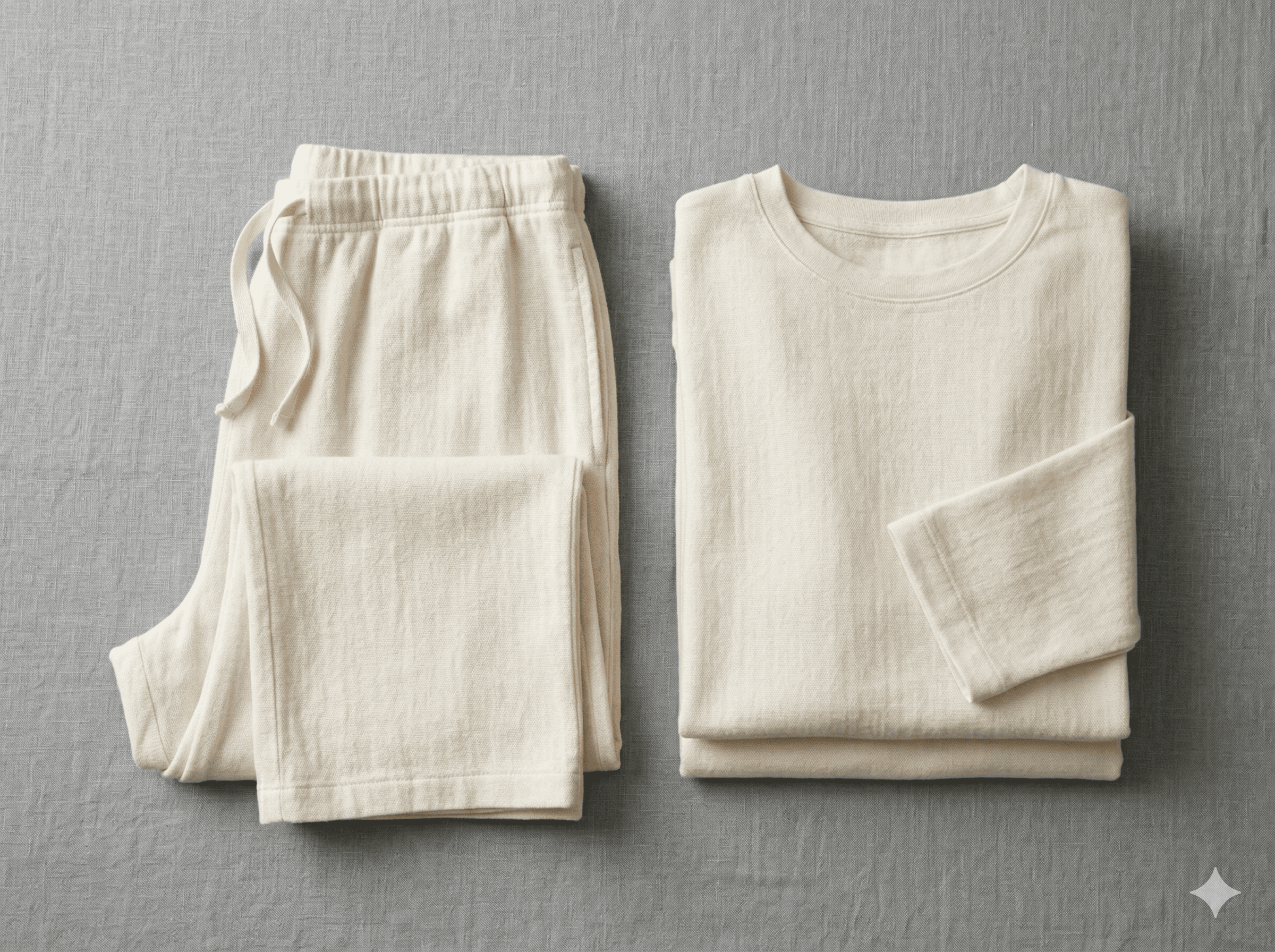 GOTS organic cotton pyjama set folded flat, natural white, linen surface