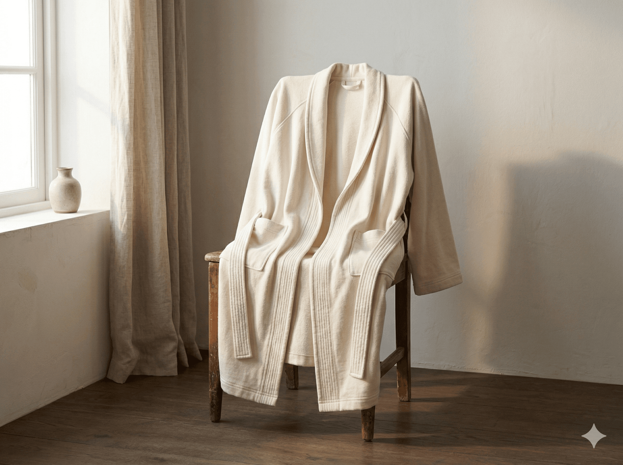GOTS organic cotton robe in natural white, draped over wooden chair, morning light
