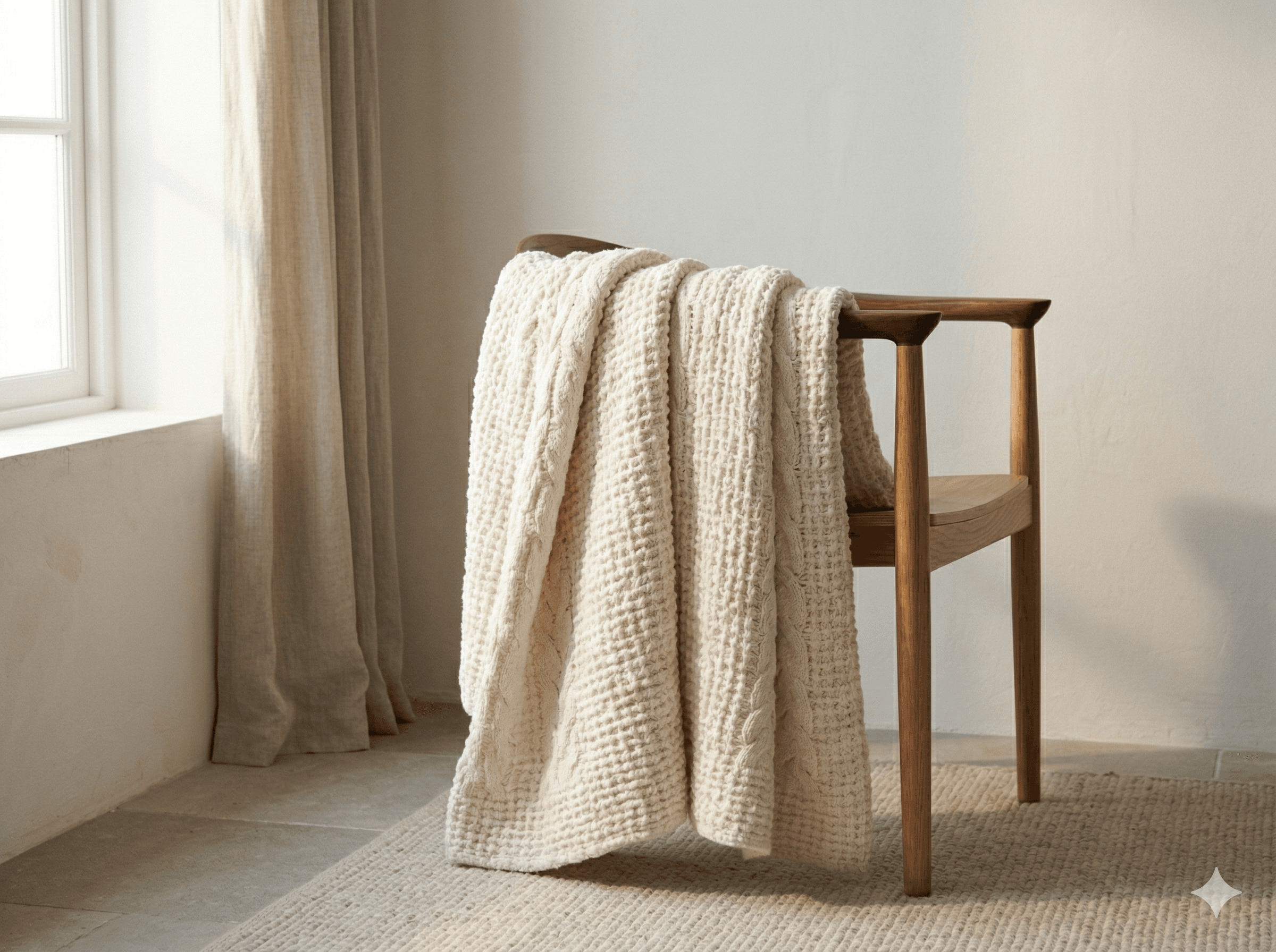 Organic cotton wrap draped over minimal armchair, natural undyed white, warm light